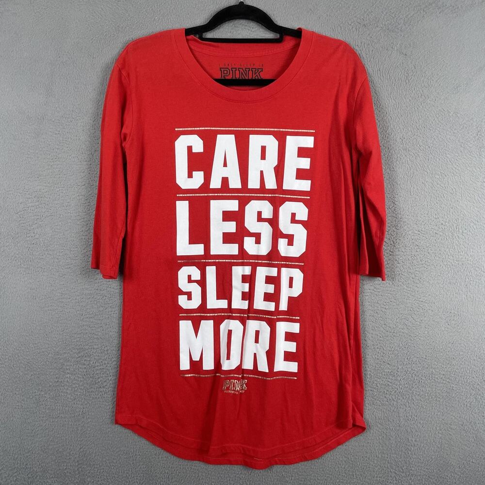 PINK Sleepshirt Womens S Red Chemise Graphic Print Care Less Sleep More